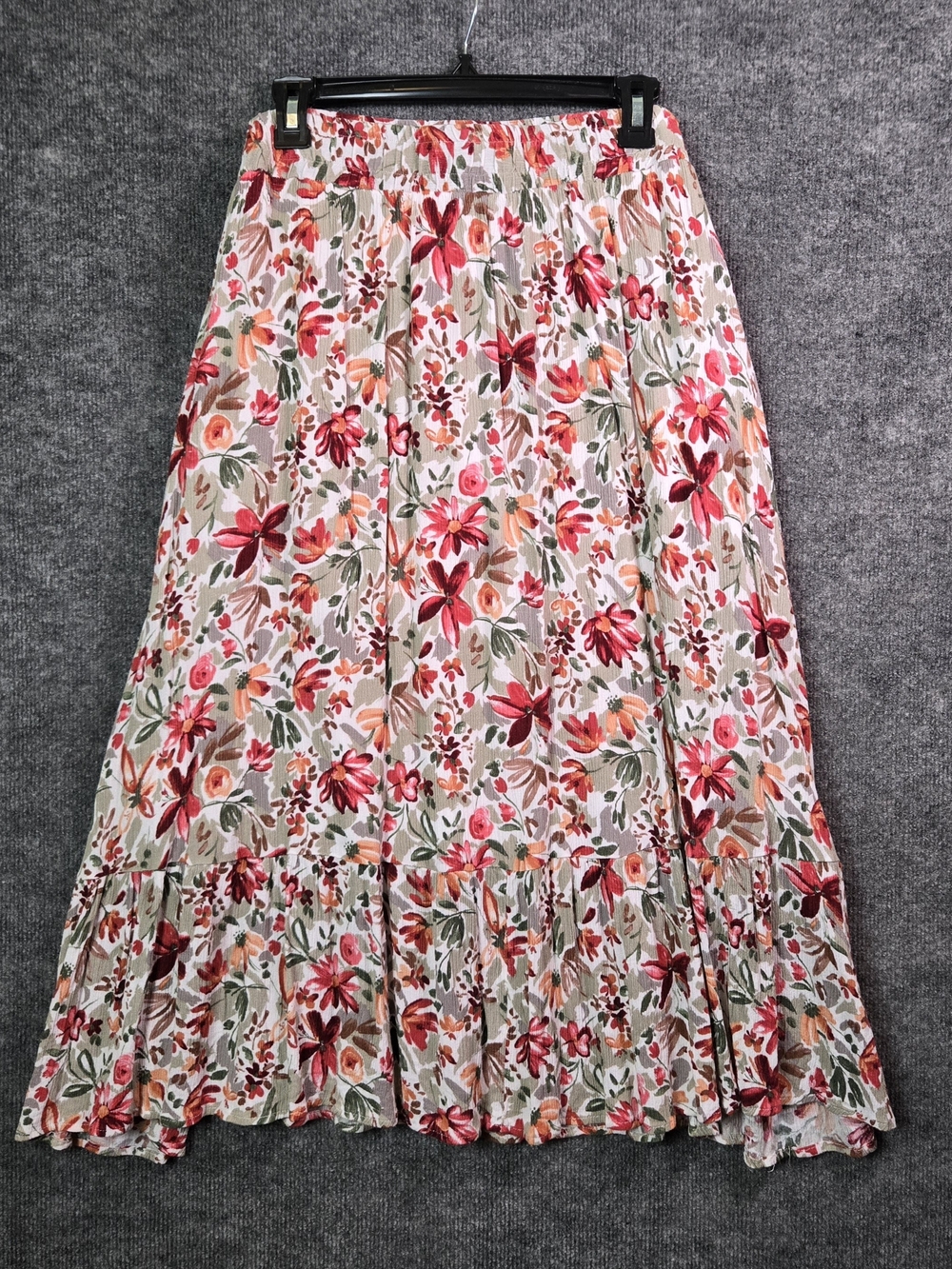 White Birch Maxi Skirt Womens 3X Burgundy Pink Autumn Floral Gauze Tiered Flowy